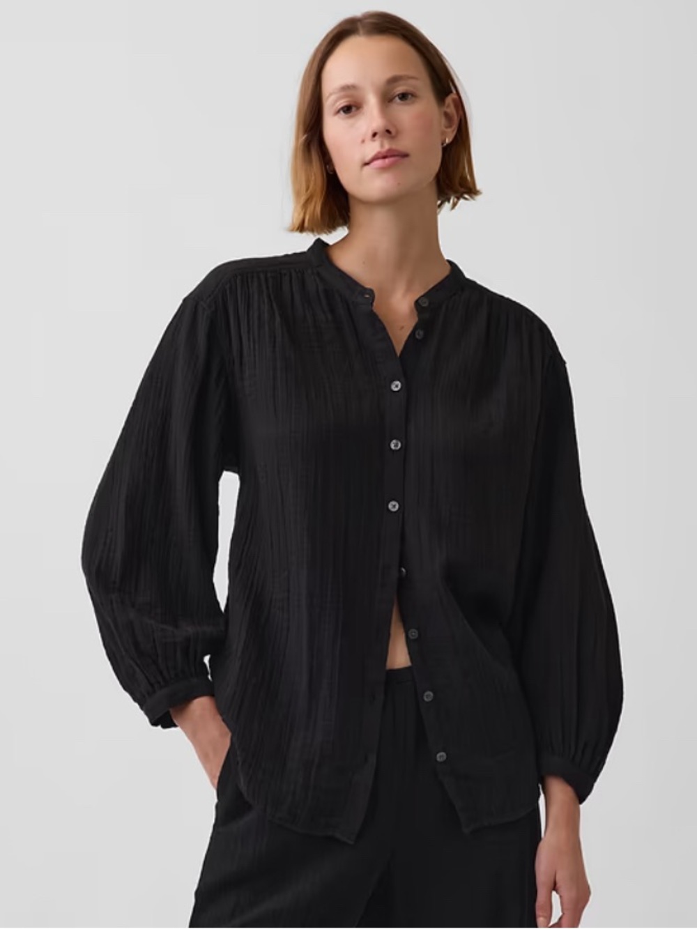 100% cotton lightweight, black button up peasant style shirt